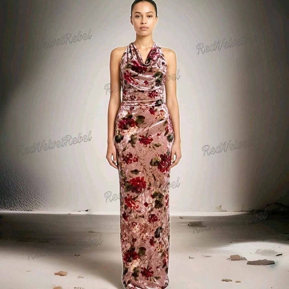 NWT Elegant Blush Floral Velvet Draped Neck Bodycon Day Maxi Dress Sz M - Picture 2 of 16